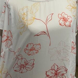 Tahari White Blouse with Red and Yellow Floral Design